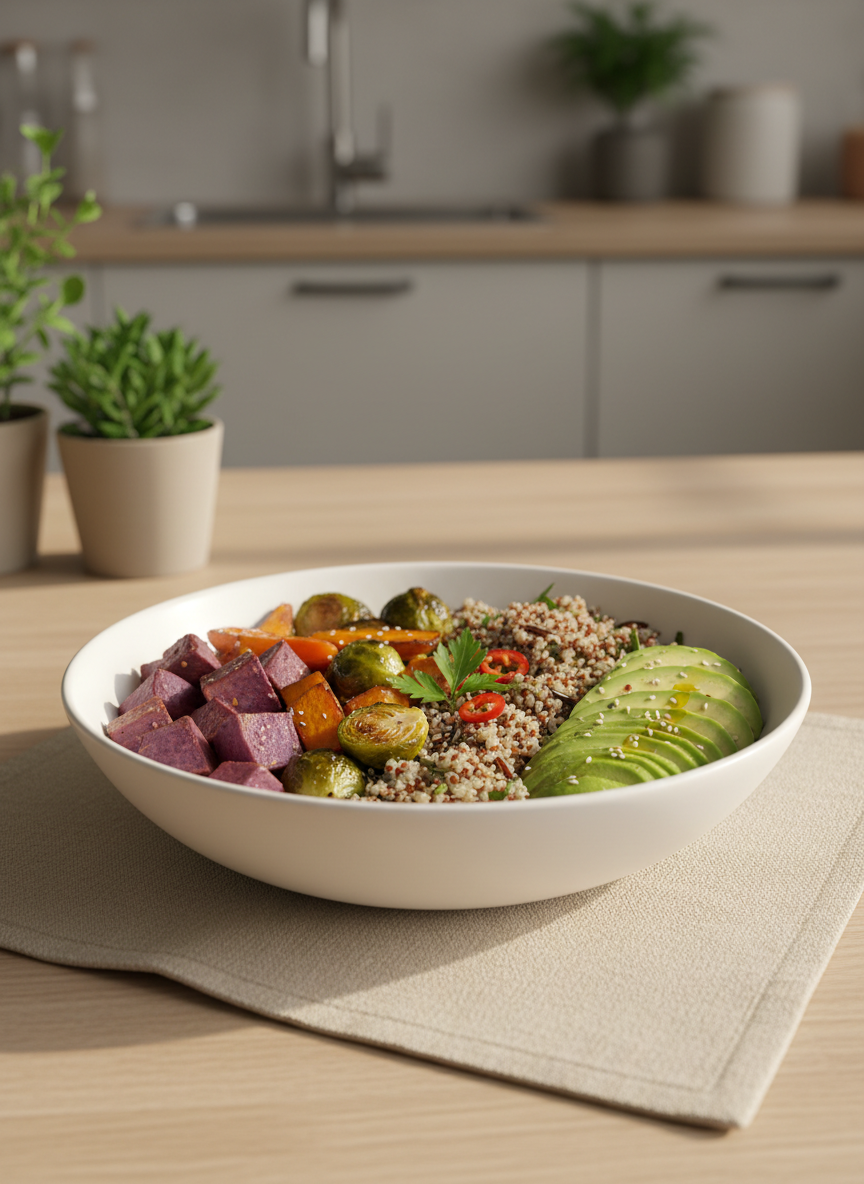 A clean white ceramic bowl filled with a colorful, balanced meal of roasted seasonal vegetables, tender grains, and sliced avocado, each ingredient clearly separated to show portion control and variety. The bowl rests on a light oak kitchen table with a linen placemat in a soft sand tone. Diffused morning daylight filters in from an unseen window, creating gentle highlights on the fresh produce and subtle shadows around the bowl. The background is softly blurred, revealing hints of a tidy, modern kitchen with neutral tones. Shot at eye level with a shallow depth of field, in photographic realism, the mood is calm, professional, and reassuring, emphasizing simple, healthy everyday eating without complexity.