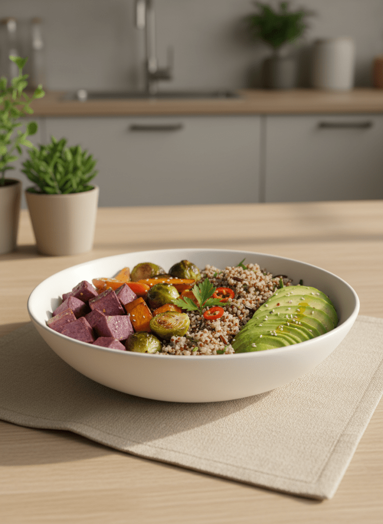 A clean white ceramic bowl filled with a colorful, balanced meal of roasted seasonal vegetables, tender grains, and sliced avocado, each ingredient clearly separated to show portion control and variety. The bowl rests on a light oak kitchen table with a linen placemat in a soft sand tone. Diffused morning daylight filters in from an unseen window, creating gentle highlights on the fresh produce and subtle shadows around the bowl. The background is softly blurred, revealing hints of a tidy, modern kitchen with neutral tones. Shot at eye level with a shallow depth of field, in photographic realism, the mood is calm, professional, and reassuring, emphasizing simple, healthy everyday eating without complexity.