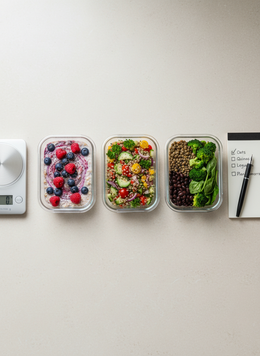 A smooth, light-colored kitchen countertop with three transparent glass containers arranged in a row, each representing a simple meal prep: one with overnight oats and berries, one with quinoa salad and crunchy vegetables, and one with a balanced portion of cooked legumes and steamed greens. A slim digital kitchen scale and a small notepad with a simple checklist lie nearby. Natural overcast daylight from above produces soft, even lighting without harsh contrasts. Photographed from a top-down, bird’s-eye view with photographic realism and a minimalist aesthetic, the composition is tidy and symmetrical, conveying practicality, control, and the ease of adjusting daily food habits step by step.