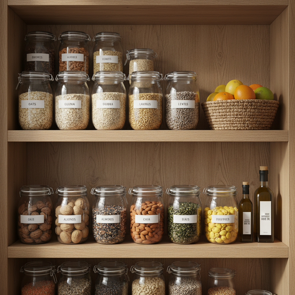 An organized wooden pantry shelf displaying neatly arranged glass jars filled with whole grains, legumes, nuts, and seeds, each jar labeled with minimalist white stickers. A woven basket holds fresh citrus fruits, and a small bottle of cold-pressed olive oil stands beside them. Soft, indirect daylight from the side creates a clear, even illumination that emphasizes textures of glass, wood, and food. Shadows are gentle and controlled, giving the scene a calm, methodical feel. Captured from a slightly elevated angle in photographic realism with sharp focus throughout, the composition follows clean, modern lines, conveying clarity, structure, and the idea of making healthy choices easy and visually appealing.