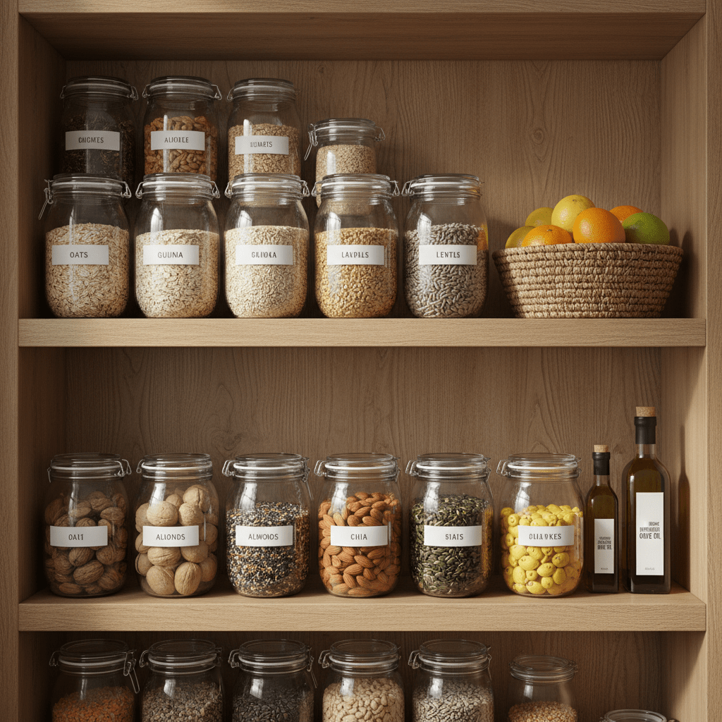 An organized wooden pantry shelf displaying neatly arranged glass jars filled with whole grains, legumes, nuts, and seeds, each jar labeled with minimalist white stickers. A woven basket holds fresh citrus fruits, and a small bottle of cold-pressed olive oil stands beside them. Soft, indirect daylight from the side creates a clear, even illumination that emphasizes textures of glass, wood, and food. Shadows are gentle and controlled, giving the scene a calm, methodical feel. Captured from a slightly elevated angle in photographic realism with sharp focus throughout, the composition follows clean, modern lines, conveying clarity, structure, and the idea of making healthy choices easy and visually appealing.